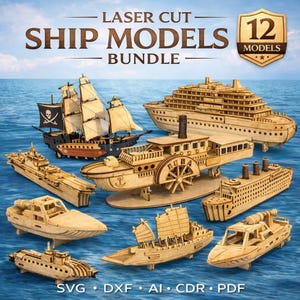 Pode incluir: Uma coleção de modelos de navios cortados a laser, incluindo um navio pirata, um barco a vapor e um navio de cruzeiro, exibidos contra um fundo de água azul. A imagem inclui o texto "LASER CUT SHIP MODELS BUNDLE" e "12 MODELS". Os modelos são de madeira clara.