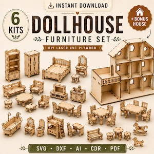 K&ouml;nnte beinhalten: Ein Set aus lasergeschnittenen Puppenhausm&ouml;beln aus Sperrholz mit einem zus&auml;tzlichen Haus. Das Bild zeigt Betten, Tische, St&uuml;hle und weitere Miniaturm&ouml;bel. Der Text enth&auml;lt "6 KITS" und "DOLLHOUSE FURNITURE SET".