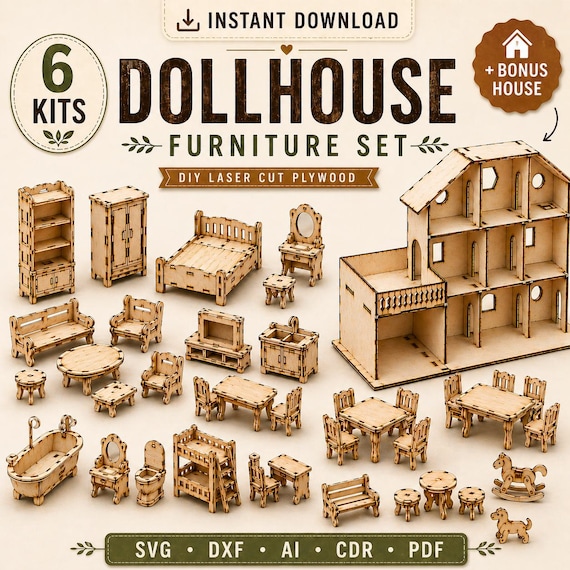 Dollhouse Furniture Laser Cut Bundle Wooden Toy | 6 Kits + Bonus House (Digital Download)