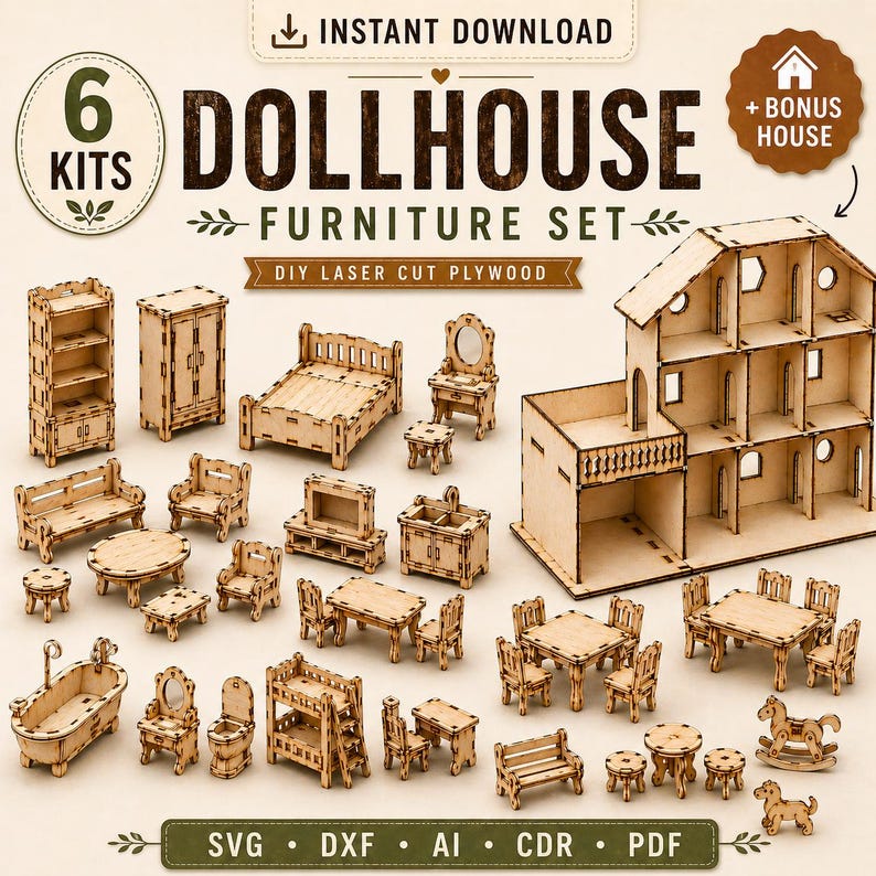 K&ouml;nnte beinhalten: Ein Set aus lasergeschnittenen Puppenhausm&ouml;beln aus Sperrholz mit einem zus&auml;tzlichen Haus. Das Bild zeigt Betten, Tische, St&uuml;hle und weitere Miniaturm&ouml;bel. Der Text enth&auml;lt "6 KITS" und "DOLLHOUSE FURNITURE SET".