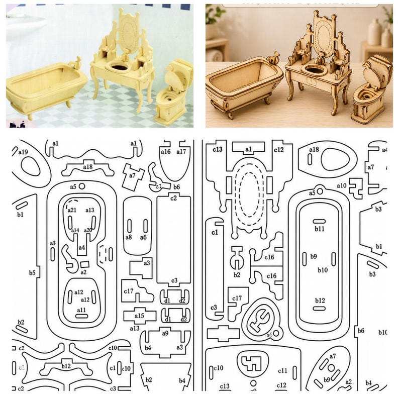 K&ouml;nnte beinhalten: Miniatur-Badezimmer-Set aus Holz, bestehend aus einer Badewanne, einem Waschtisch mit Spiegel und einer Toilette. Das Set ist aus hellem Holz gefertigt und zum Zusammenbauen bestimmt. Das Bild zeigt auch die ausgeschnittenen Teile f&uuml;r die Montage.