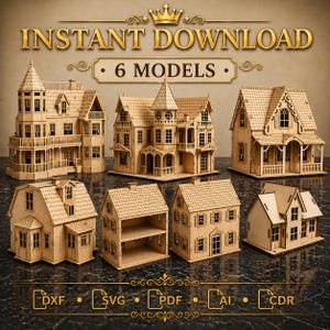 May include: An image showcasing six wooden model houses with intricate architectural details. The models vary in design, featuring pitched roofs, balconies, and multiple stories. The text "INSTANT DOWNLOAD" and "6 MODELS" is displayed at the top.