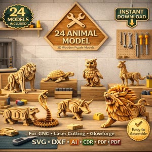24 Laser Cut Animal Models Bundle – Wooden Toy CNC SVG DXF Files (Digital Download)