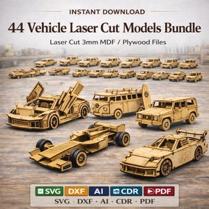 レーザーカット木製乗り物モデル44点セット｜3mm厚MDF合板ファイル（デジタルダウンロード）