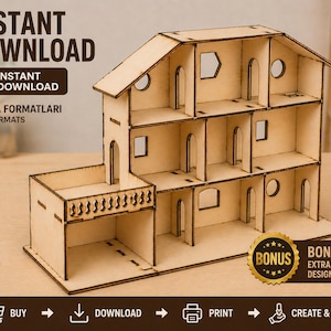 K&ouml;nnte beinhalten: Ein dreist&ouml;ckiges Puppenhaus aus Holz mit gew&ouml;lbten T&uuml;ren und Fenstern. Das Puppenhaus hat einen Balkon und ist aus hellfarbenem Holz gefertigt. Das Bild enth&auml;lt den Text "Sofort-Download" und "Bonus Extra Design Files."