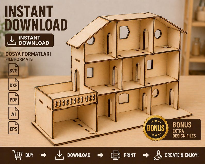 K&ouml;nnte beinhalten: Ein dreist&ouml;ckiges Puppenhaus aus Holz mit gew&ouml;lbten T&uuml;ren und Fenstern. Das Puppenhaus hat einen Balkon und ist aus hellfarbenem Holz gefertigt. Das Bild enth&auml;lt den Text "Sofort-Download" und "Bonus Extra Design Files."