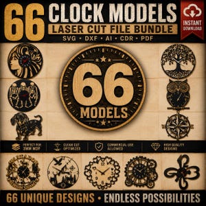 66 modèles d'horloges découpés au laser | (Téléchargement numérique - svg, dxf, ai, cdr, pdf)