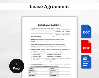Simple One Page Lease Agreement: Printable Rental Contract (MS Word, PDF)