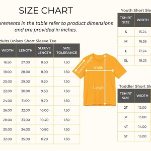 May include: A size chart for short sleeve t-shirts, with measurements in inches. Tables detail adult, youth, and toddler sizes, including width, length, and sleeve length. An orange t-shirt graphic illustrates measurement points.
