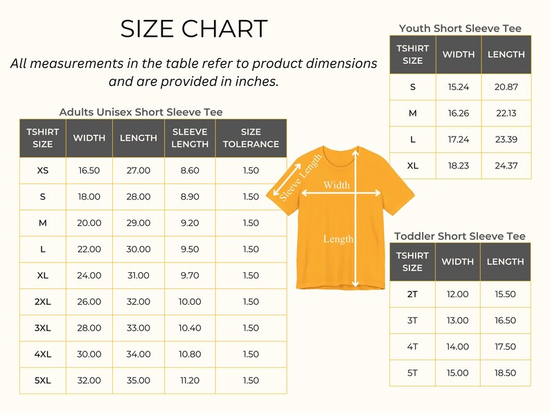 May include: A size chart for short sleeve t-shirts, with measurements in inches. Tables detail adult, youth, and toddler sizes, including width, length, and sleeve length. An orange t-shirt graphic illustrates measurement points.