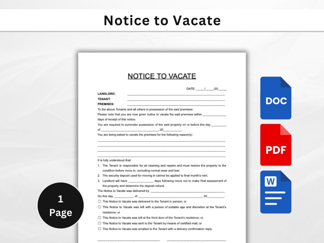 Notice to Vacate | Printable Landlord Notice | Editable MS Word &amp; PDF | Instant Download Tenant ...
