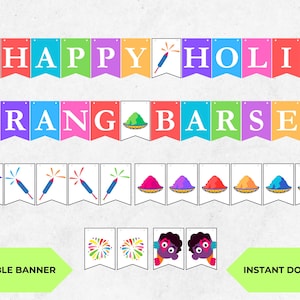 May include: Printable banner featuring the text "Happy Holi Rang Barse" in colourful letters. The banner includes images of fireworks, colourful powder, and a cartoon character.