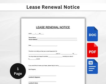 Printable Lease Renewal Notice. Lease Extension Contract. Landlord and Tenant Agreement. Editable MS Word, PDF, Instant Download