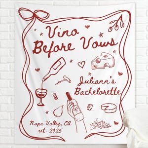 Personalized Wine Bachelorette Party Tapestry: Vino Before Vows Banner