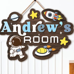 Custom Door Sign For Kid, Custom Kid Room Sign for Boy, Door Sign with Kids Name, Nursery Decor, Space Kids Bedroom Wooden Sign, Bday Gift