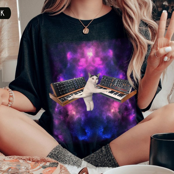 Stuck Cat Meme Shirt, Stuck Cat Playing Synthesizers Sweatshirt, Space Cat Musician, Music Lover Shirt, Cat Lover Gift, Galaxy Themed Shirt