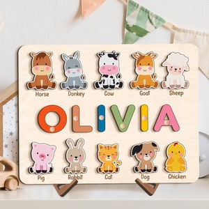Custom Wooden Name Puzzle with Animals: Baby Toddler Gift
