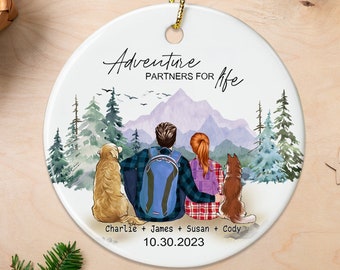 Personalized Engagement Gift, Custom Couple Pet Camping Ornament, Camping Hiking Couple Keepsake, Mountain Wedding, Wedding Anniversary Gift