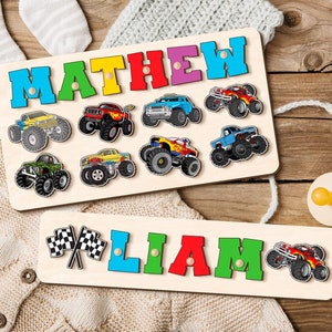 Rompecabezas de nombre de Monster Truck: juguete de madera para niños pequeños, regalo para bebé niño