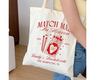 Personalized Match Made in Heaven Cotton Canvas Tote Bag, Retro Bachelorette Favors, Perfect Match Bachelorette Bag, Custom Bach Totes
