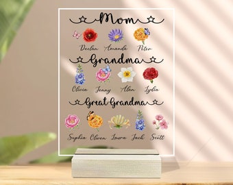 Mothers Day Gift, Personalized Mom Grandma Great Grandma Acrylic Plaque, Custom Birth Month Flower Night Light for Mom, Great Grandma Gift