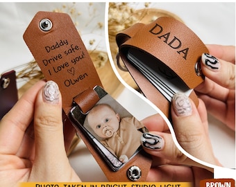 Personalized Leather Keychain with Photo, Custom Photo Gift for Dad, Gift from Daughter, Drive Safe Daddy, Baby Photo Keychain Birthday Gift