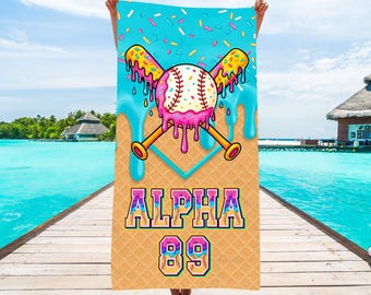 Custom Baseball Drip Beach Towel with Name & Jersey Number: Baseball Gifts For Players Birthday, Baseball Team Gift, Sport Gift for Boy