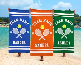 Personalized Tennis Beach Towel with Name & Color: Matching Tennis Team Towel, Custom Sport Name Gift, Summer Trip Towel