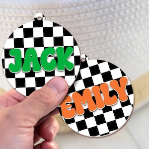 Personalized Checkered Keychain, Groovy Boys Girls Backpack Name Tag, Diaper Bag Keychain, 3D Name Tag, Custom Name Tag