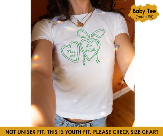 St. Patrick's Day Baby Tee Kiss Me I'm Irish, Locket Heart Kiss Me St Pattys Tee, Y2K Aesthetic Baby Tee, Lucky Baby Tee, Irish Girl Shirt