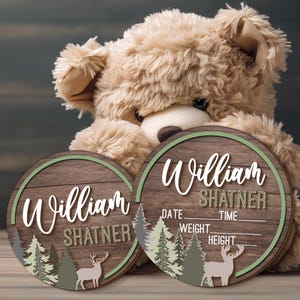 Estadísticas de nacimiento personalizadas, letrero con nombre de madera, anuncio de bebé, letrero con nombre, decoración de habitación infantil con temática de bosque, regalo para baby shower, nacimiento de un bebé