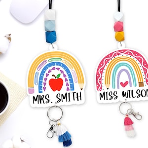 Personalized Teacher Rainbow Beaded Lanyard, Cute Lanyard for Keys or ID Badge, Custom Name Teacher Gift, Back to School Gift
