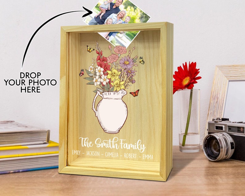 Custom Birth Flower Photo Keepsake Box, Mothers Day Gift, Personalized Gifts for Mom from Daughter Son, Photo Collection Box, Family Gifts image 1