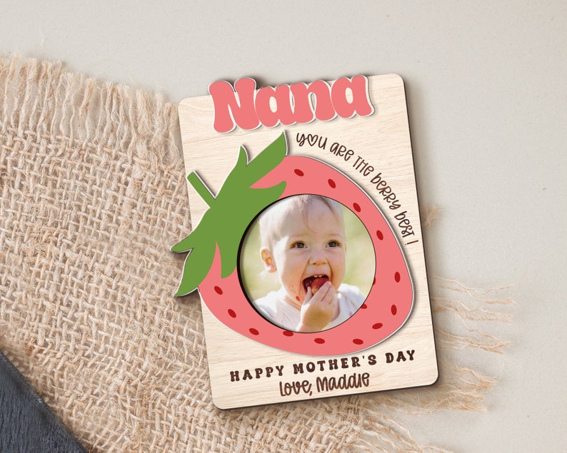 Fridge Photo Magnet, Custom Photo Frame Magnet, Strawberry Magnet, Mom Photo Magnet, Grandma Photo Magnet, Mothers Day Gift, Gift from Kids Design 2 - Pink