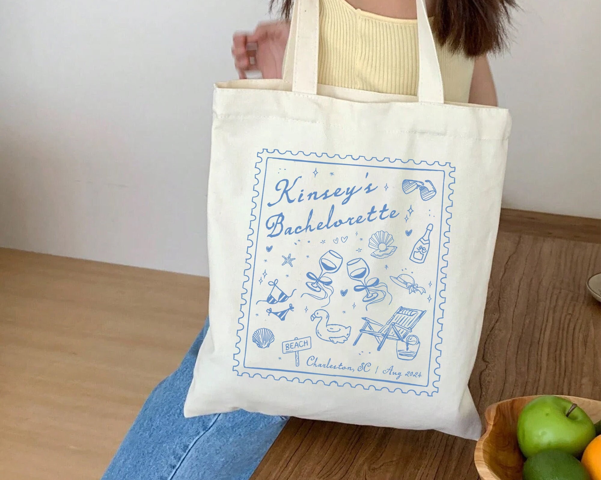Charleston Stamp Tote Bag, Beach Bachelorette Totes, Coastal Bachelorette Party Gift, Beach Bridal Party Favors, Bach Club Bridesmaid Gift