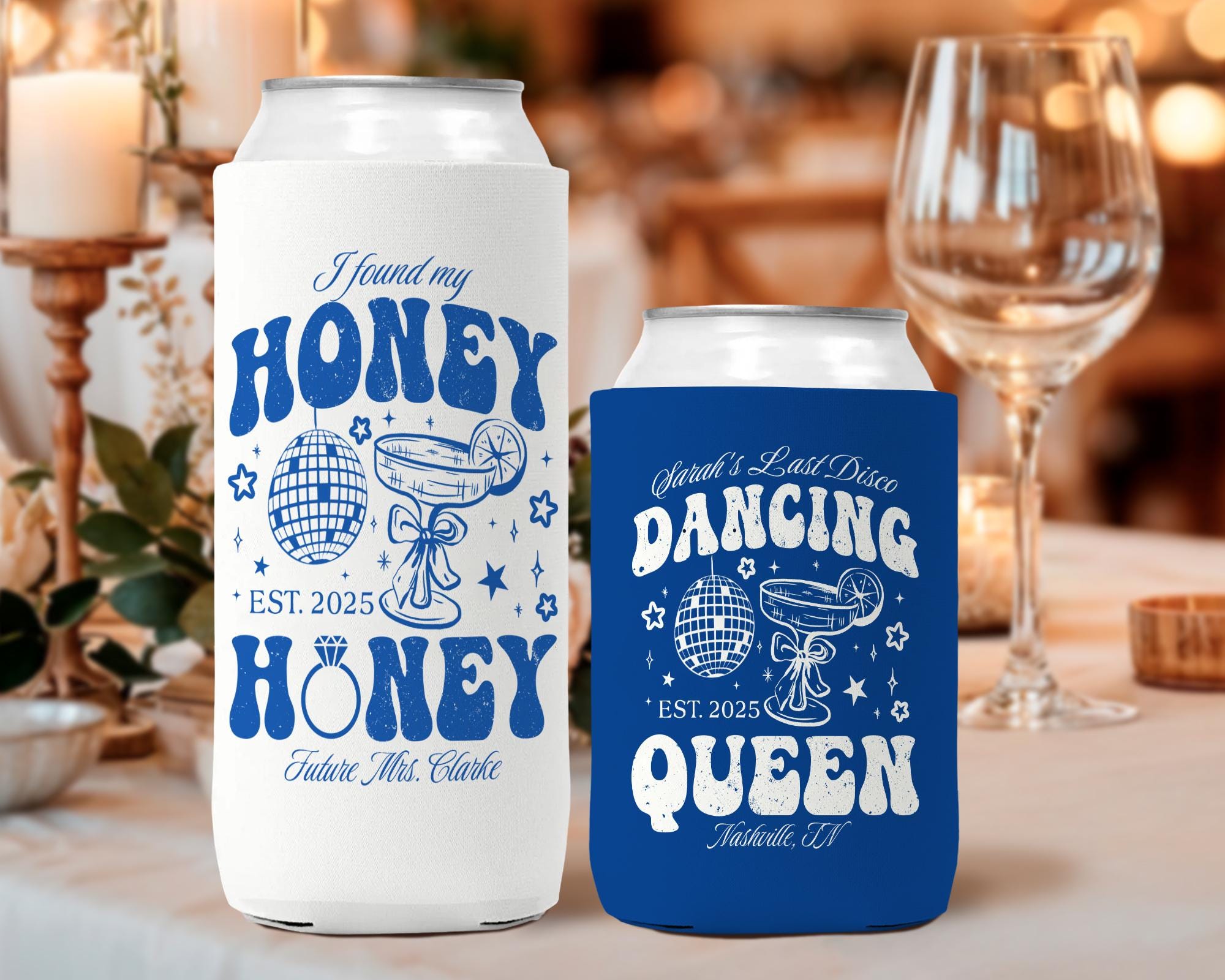 Last Disco Bachelorette Can Coolers: Custom Honey Theme Party Favors