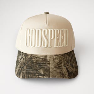 Gorra Godspeed 3D con estampado de camuflaje y crema, gorra de camionero Godspeed vintage de dos tonos, gorra bordada Godspeed, gorra Godspeed premium