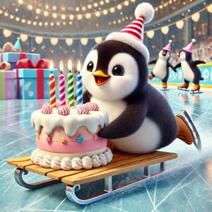5 Digital - Adorable Penguin Birthday Ice Skating Art Print
