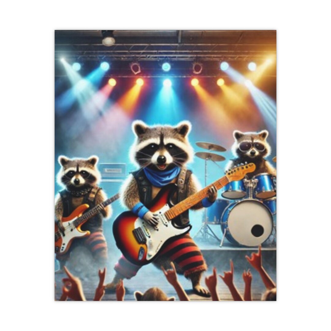 Rockstar Racoon Drawing Rockstar Raccoons Wall Art | Fun Animal Band Print | Rock Concert Decor ...