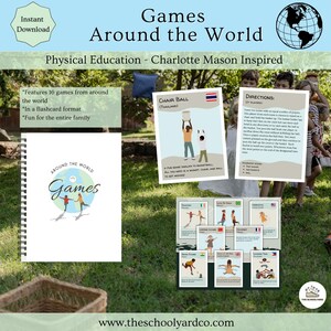 May include: A set of 16 colorful flashcards featuring games from around the world. Each card includes a game name, country of origin, instructions, and illustrations. The cards are designed for physical education and are inspired by Charlotte Mason's educational philosophy.