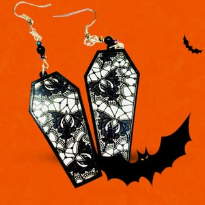 Halloween Coffin Earrings with Inlay, Halloween, goth, gothic, laser cut, spooky, fun, coffin