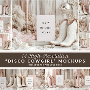 5x7 Disco Cowgirl Bachelorette Einladung Mockup Bundle, Western Rodeo Cowboy Boots Briefpapier, Hochzeitskarte Mockups, Photoshop PSD Vorlage