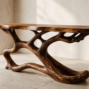 May include: A console table featuring a long, rectangular wooden top with a natural live edge. The base is constructed from a single, dark brown, polished wooden structure that mimics the organic, branching form of tree roots or limbs.