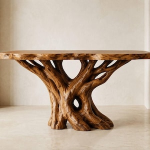 Op de afbeelding: Een consoletafel met een glad, plat, rechthoekig houten blad met een natuurlijke boomrand. De basis is gemaakt van een enkele, dikke, knoestige boomstam met zichtbare wortels en een centrale opening, afgewerkt in een warme bruine tint.