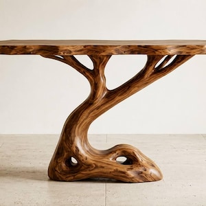 May include: A console table crafted from brown wood with a natural grain pattern. The table features a flat, rectangular top with a live edge and a single, sculptural base that branches upward to support the surface, creating an organic form.