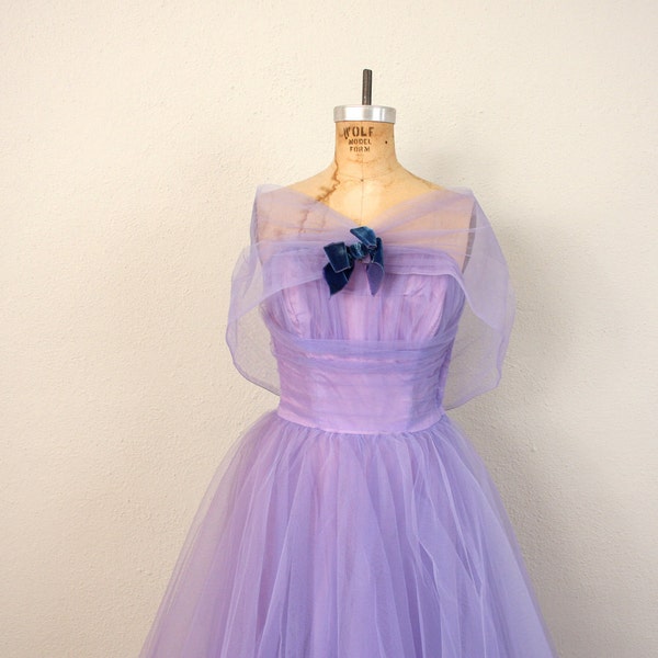 1950s Tulle Party Dress // Vintage Lilac Purple Strapless Gown and Shrug