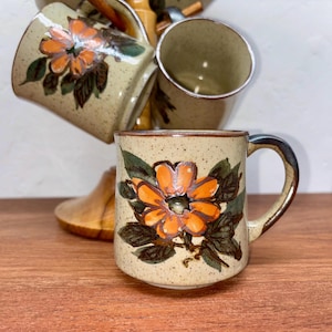 MCM Vintage Hand Painted Floral Mug Set Speckled Ceramic Otagiri-style 1970s Japan