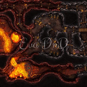 Puede incluir: Un mapa de mazmorra de fantasía con un río de lava y una red de túneles y cámaras. El mapa está dibujado en un estilo oscuro y estilizado con colores rojo, naranja y amarillo.