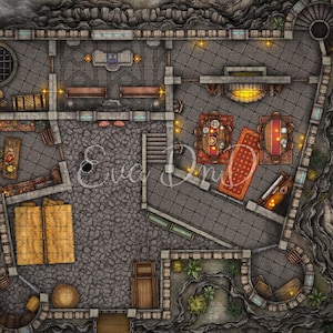 Puede incluir: Vista desde arriba de un mapa de interior de castillo de fantasía con suelo de piedra, chimenea, mesa de comedor con sillas, sofá y estantería. El mapa está diseñado para juegos de rol de mesa.