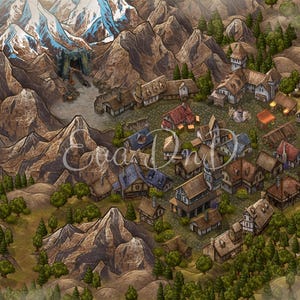 May include: A hand-painted miniature village nestled in a mountain valley. The village is made up of small, wooden houses with stone foundations and slate roofs. The houses are surrounded by trees and a river. The mountains in the background are snow-capped and the sky is a light blue.